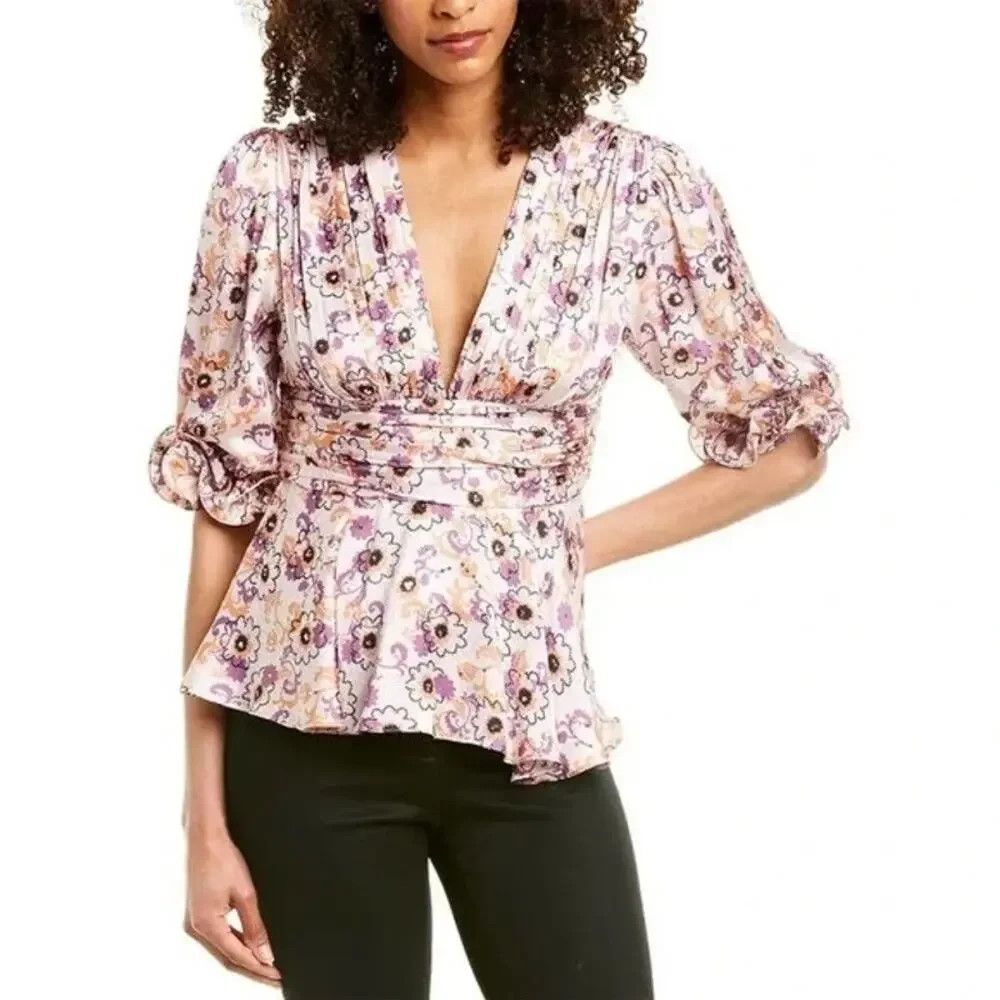 Alexis Prema Women Sz S Purple Floral Sequin Peplum Top Ruffle V-Neck Blouse NWT